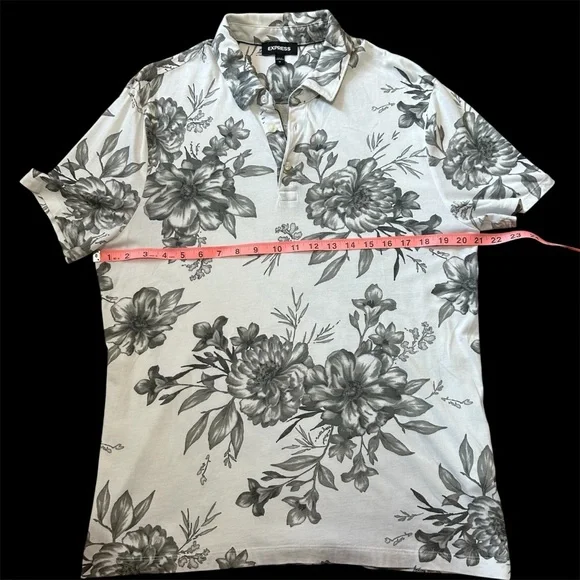 Express Polo Shirt Mens Medium White Floral Short Sleeve Collar Neck - Picture 4 of 6